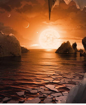Imagine standing on the surface of the exoplanet TRAPPIST-1f  This artist's concept is one interpretation of what it could look like 