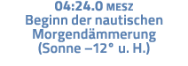 04:24 0 MESZ Beginn der nautischen Morgendämmerung (Sonne  12  u  H )
