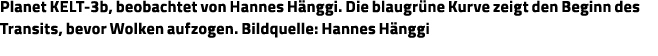 Planet KELT-3b, beobachtet von Hannes Hänggi  Die blaugrüne Kurve zeigt den Beginn des Transits, bevor Wolken aufzoge   