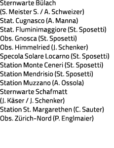 Sternwarte Bülach (S  Meister S    A  Schweizer) Stat  Cugnasco (A  Manna) Stat  Fluminimaggiore (St  Sposetti) Obs     