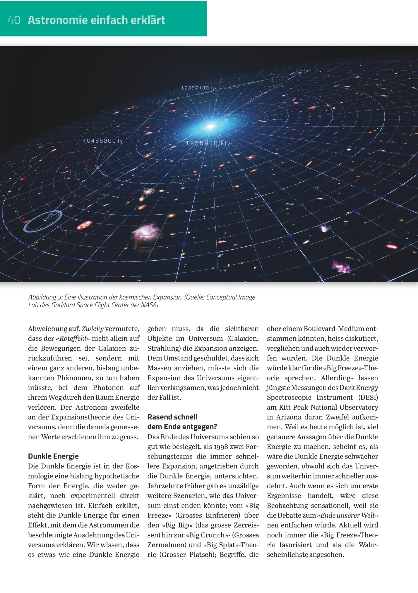 40 Astronomie Einfach Erklärt

Abbildung 3: Eine Illustration Der Kosmischen Expansion. (quelle: Conceptual Image
Lab Des Goddard Space Flight Center Der Nasa)
Abweichung Auf. Zwicky Vermutete,
Dass Der «roteffekt» Nicht Allein Auf
Die Bewegungen ...