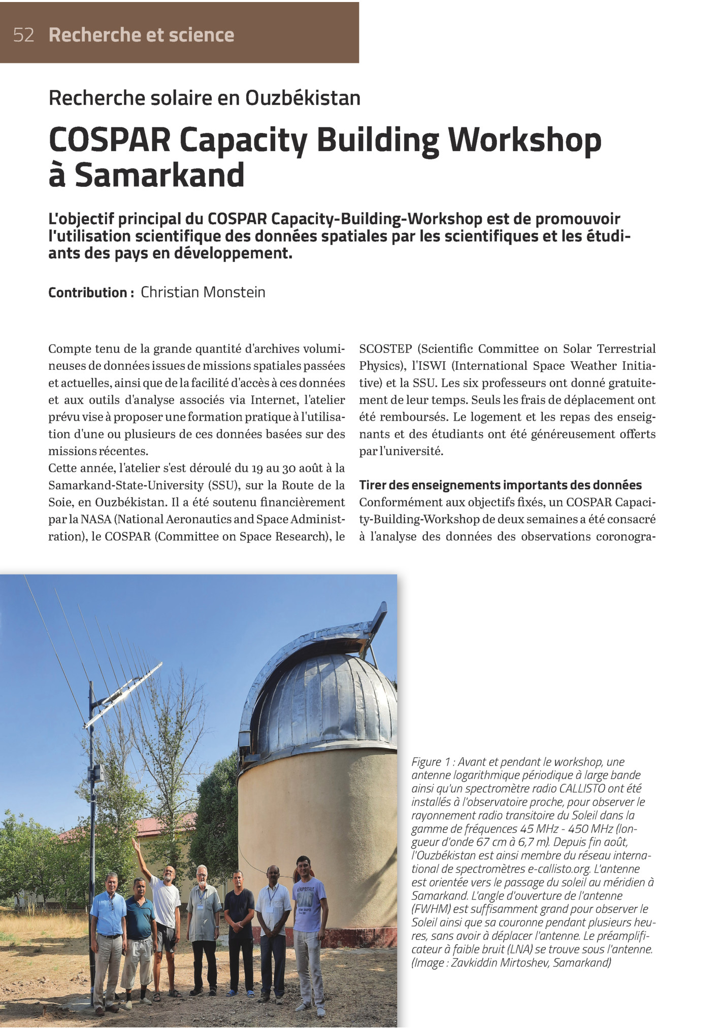 52 Recherche Et Science

Recherche Solaire En Ouzbékistan

Cospar Capacity Building Workshop
à Samarkand
L'objectif Principal Du Cospar Capacity-building-workshop Est De Promouvoir
L'utilisation Scientifique Des Données Spatiales Par Les Scientifi...