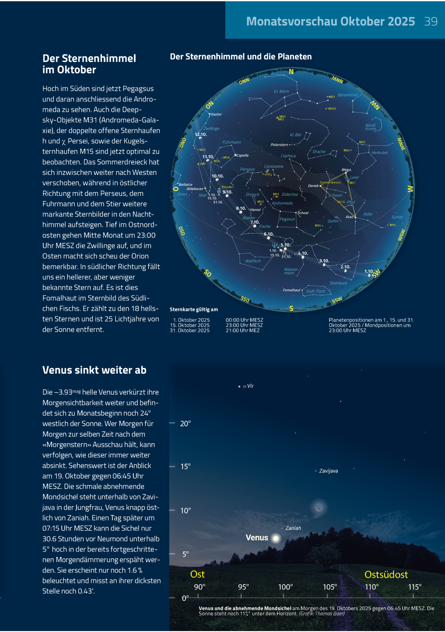 Monatsvorschau Oktober 2025 39
Der Sternenhimmel
Im Oktober
Hoch Im Süden Sind Jetzt Pegagsus
Und Daran Anschliessend Die Andromeda Zu Sehen. Auch Die Deepsky-objekte M31 (andromeda-galaxie), Der Doppelte Offene Sternhaufen
H Und χ Persei, Sowie De...