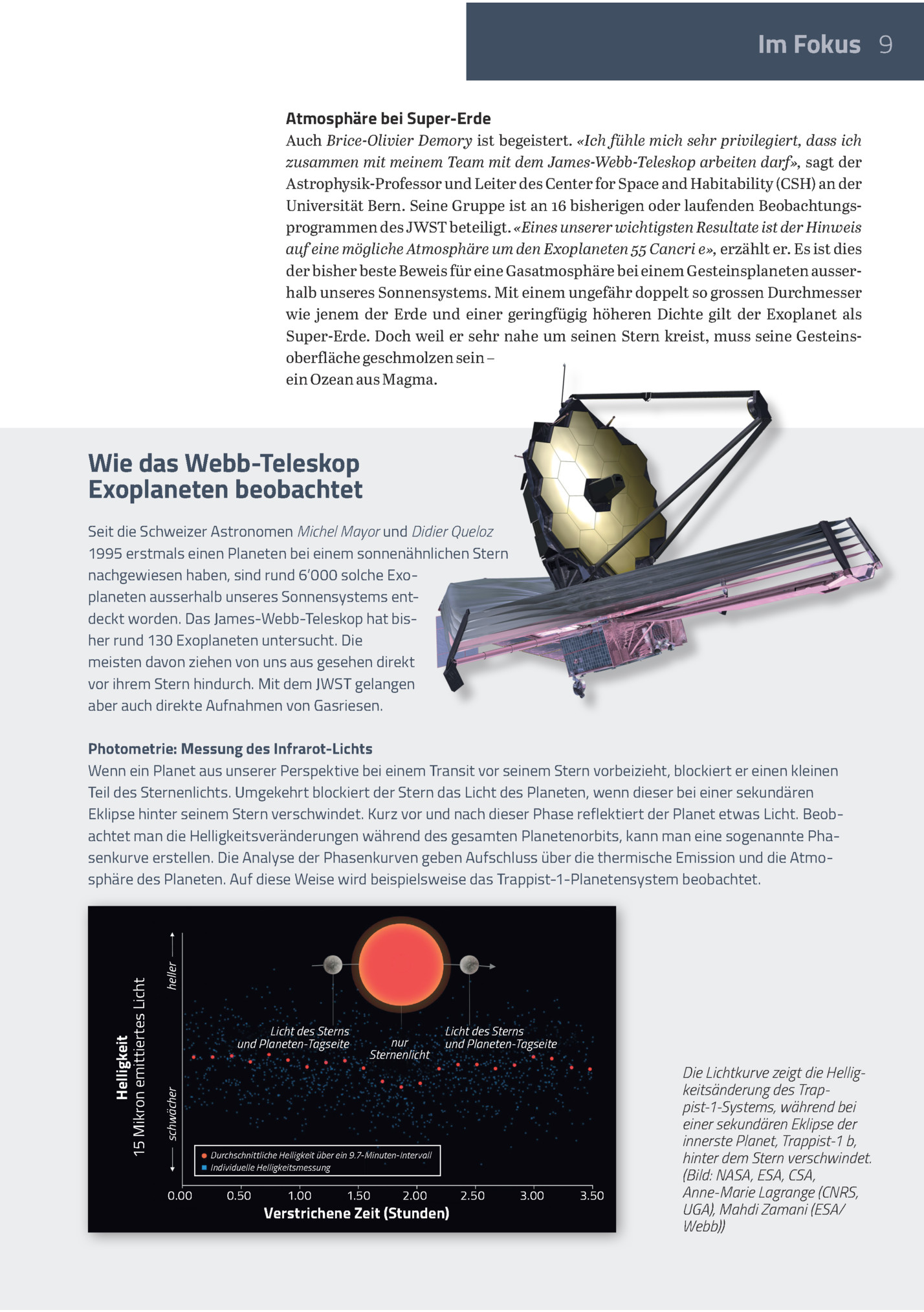 Im Fokus 9
Atmosphäre Bei Super-erde

Auch Brice-olivier Demory Ist Begeistert. «ich Fühle Mich Sehr Privilegiert, Dass Ich
Zusammen Mit Meinem Team Mit Dem James-webb-teleskop Arbeiten Darf», Sagt Der
Astrophysik-professor Und Leiter Des Center ...