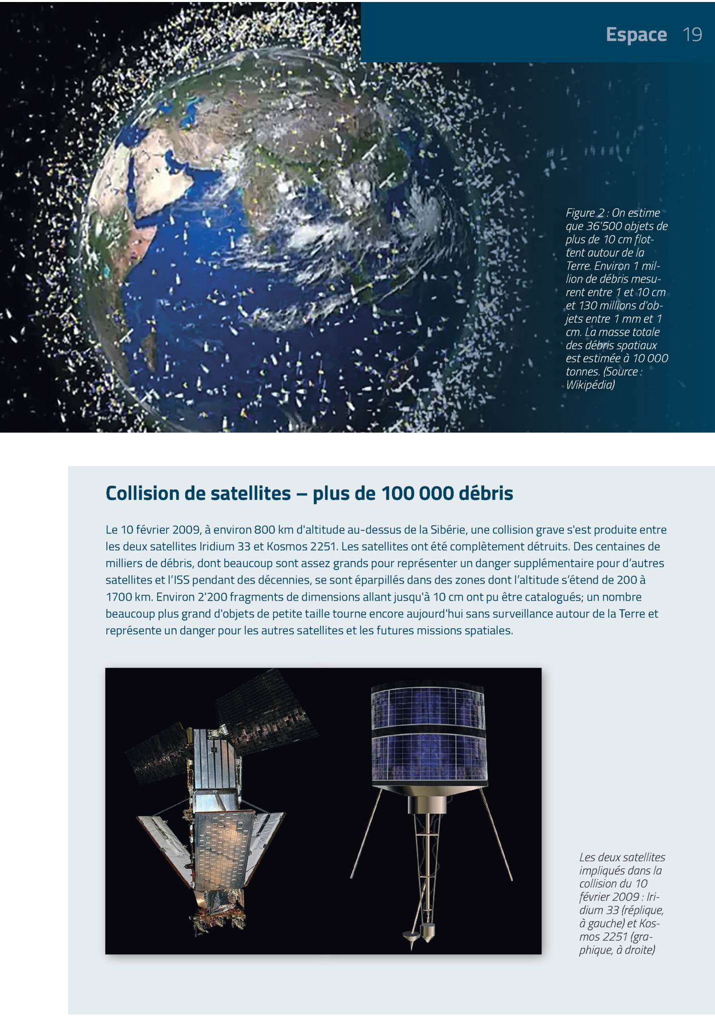 Espace 19

Figure 2 : On Estime
Que 36'500 Objets De
Plus De 10 Cm Flottent Autour De La
Terre. Environ 1 Million De Débris Mesurent Entre 1 Et 10 Cm
Et 130 Millions D'objets Entre 1 Mm Et 1
Cm. La Masse Totale
Des Débris Spatiaux
Est Estimée à 1...