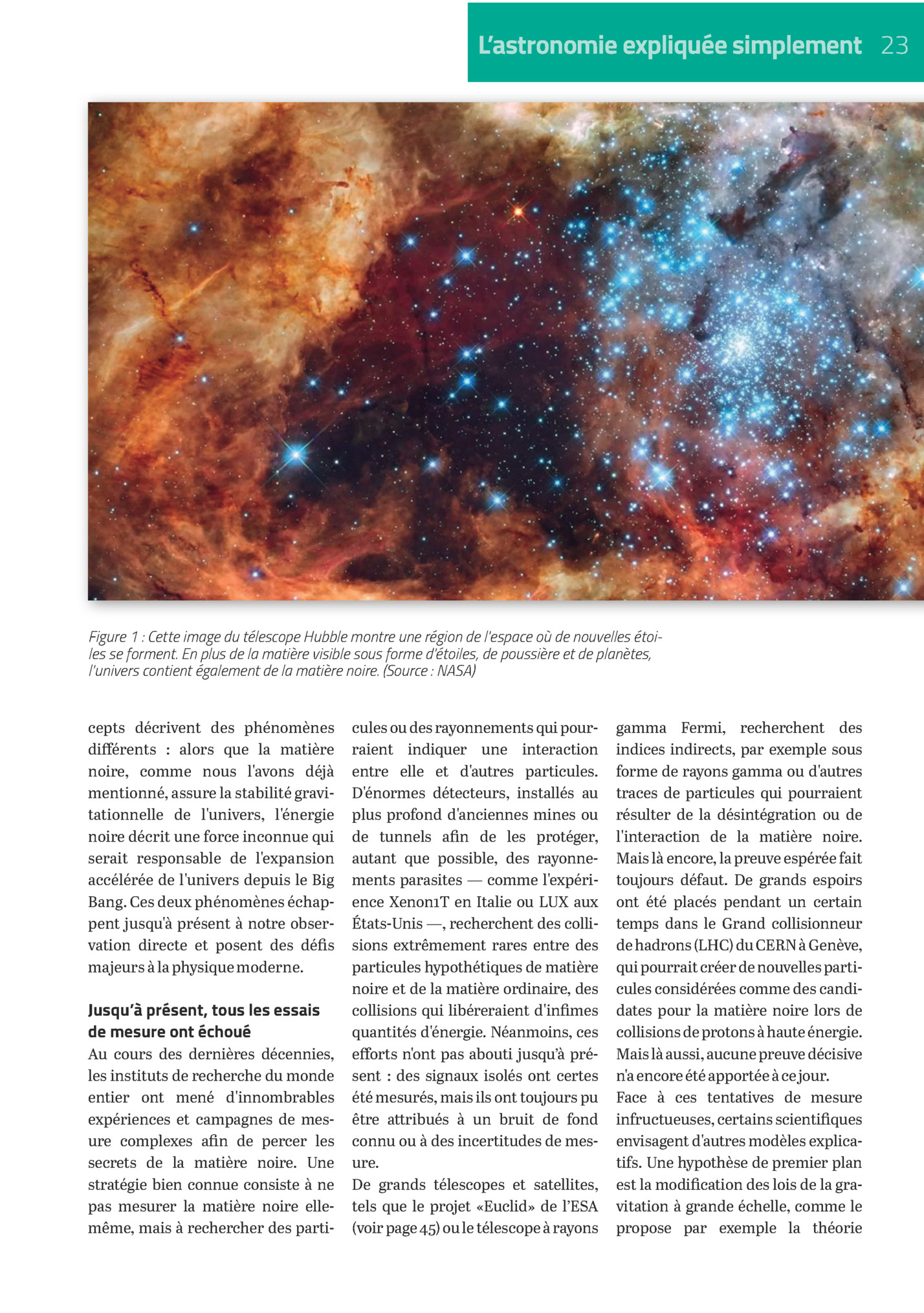 L’astronomie Expliquée Simplement 23

Figure 1 : Cette Image Du Télescope Hubble Montre Une Région De L'espace Où De Nouvelles étoiles Se Forment. En Plus De La Matière Visible Sous Forme D'étoiles, De Poussière Et De Planètes,
L'univers C...