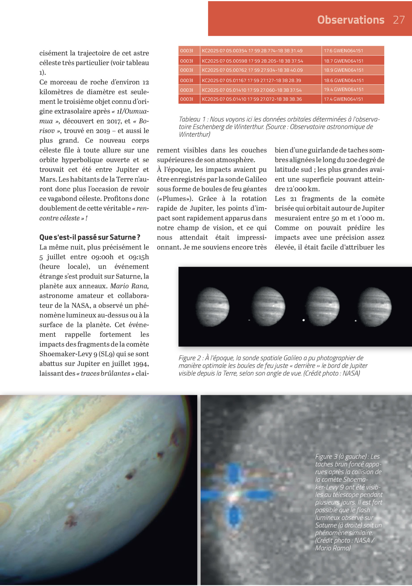Observations 27
Cisément La Trajectoire De Cet Astre
Céleste Très Particulier (voir Tableau
1).
Ce Morceau De Roche D'environ 12
Kilomètres De Diamètre Est Seulement Le Troisième Objet Connu D'origine Extrasolaire Après « 1i/oumuamua », Déc...