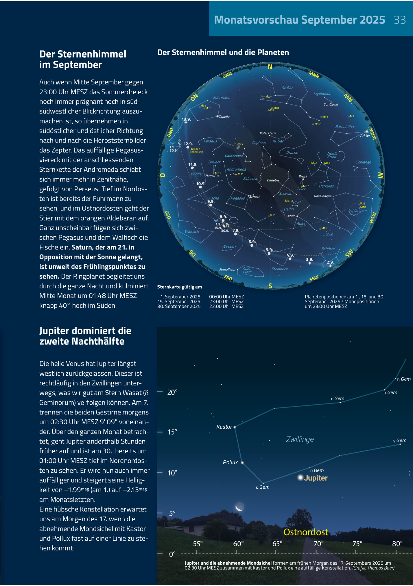 Monatsvorschau September 2025 33
Der Sternenhimmel
Im September
Auch Wenn Mitte September Gegen
23:00 Uhr Mesz Das Sommerdreieck
Noch Immer Prägnant Hoch In Südsüdwestlicher Blickrichtung Auszumachen Ist, So übernehmen In
Südöstlicher Und östl...